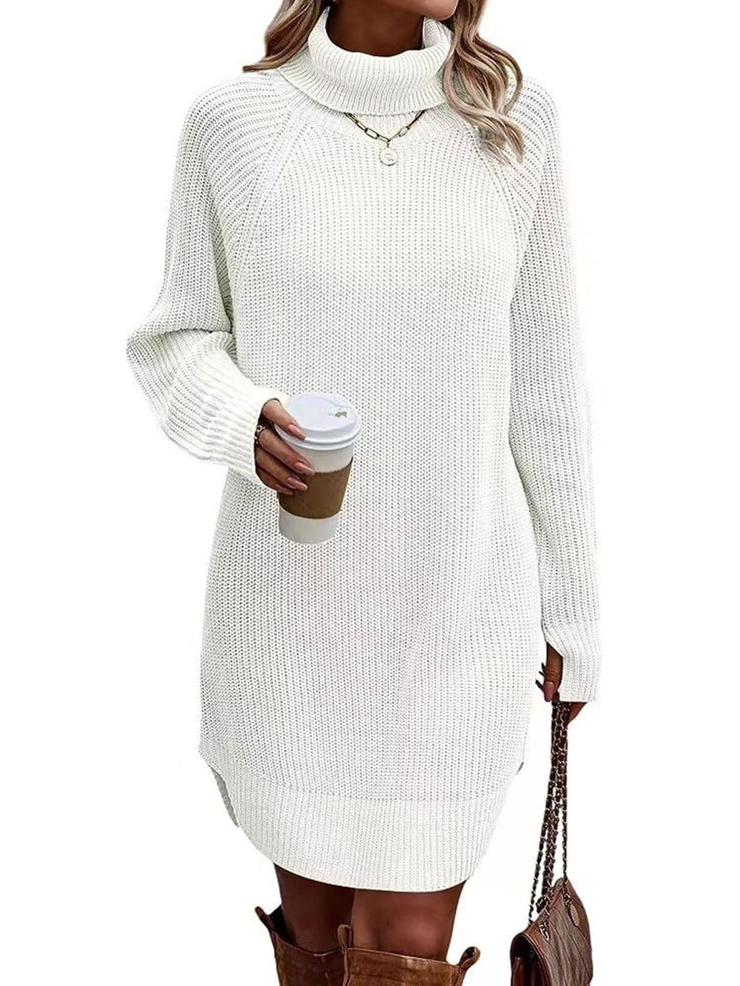 Women Casual Sweater Dress Long Sleeve Turtleneck Solid Color Ribbed Knit Fitted midi Sexy Fall