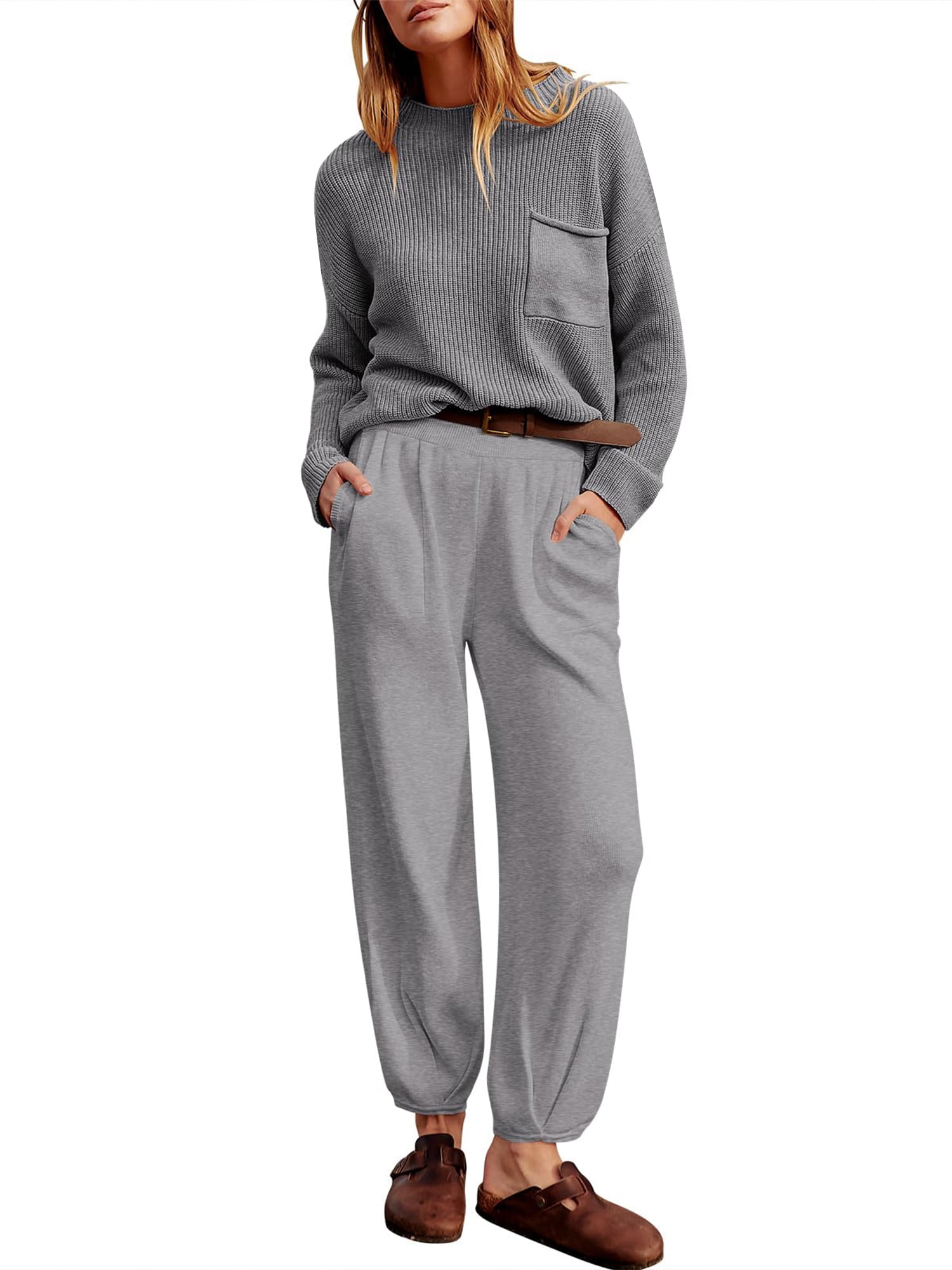 Women Casual Sweater Set Jogger Set Long Sleeve Knit Pullover Tops and Loose Pants Outwear 2 Pcs Tracksuit Lounge Sets Walmart