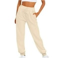 thumbnail image 1 of Women Casual Sweatpants Drawstring High Waist Jogger Ribber Splicing Lounge Sweat Pants with Pocket Beige XL, 1 of 3