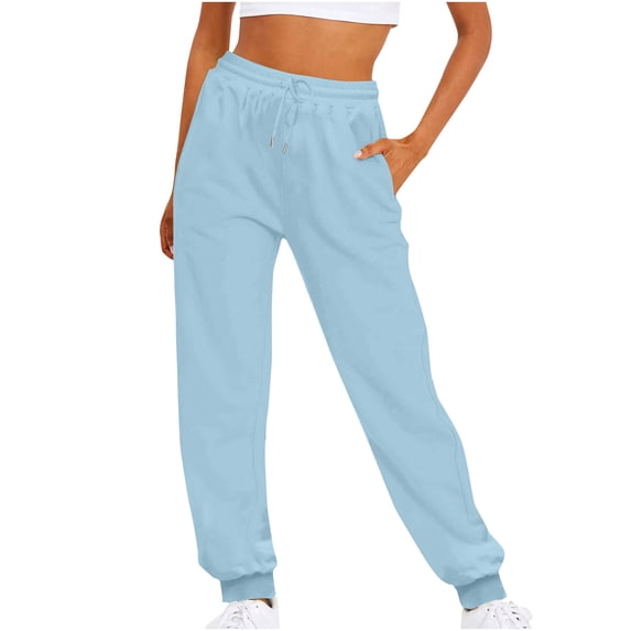 Women Casual Sweatpants Drawstring High Waist Jogger Ribber Splicing Lounge Sweat Pants with Pocket Dark Blue S