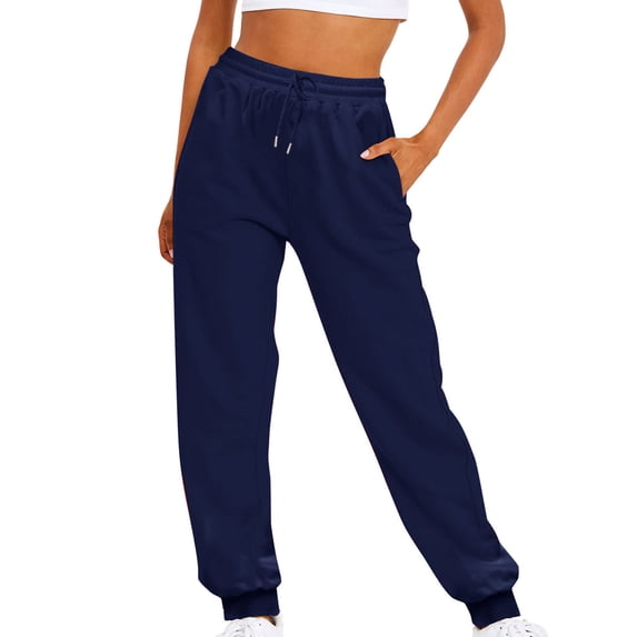 Women Casual Sweatpants Drawstring High Waist Jogger Ribber Splicing Lounge Sweat Pants with Pocket Navy M