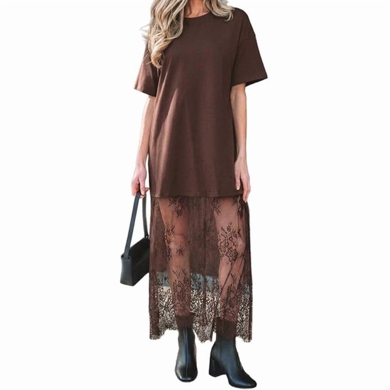 Women Casual T-Shirt Dress Short Sleeve Loose Fit With Lace Splicing Maxi Dress