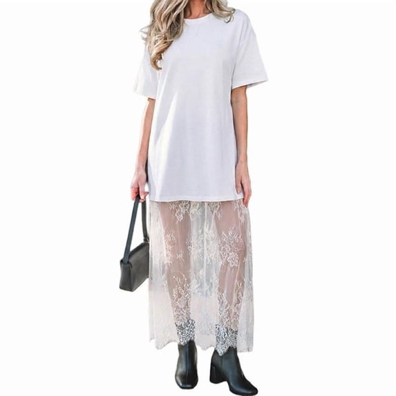 Women Casual T-Shirt Dress Short Sleeve Loose Fit With Lace Splicing Maxi Dress