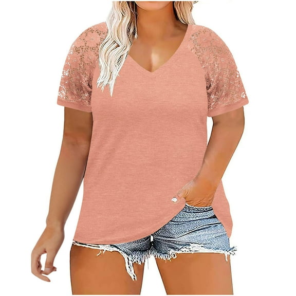 Women Casual T-Shirt Plus Size Solid Color Lace V-Neck Loose Short Sleeve Pullover Blouse Tops