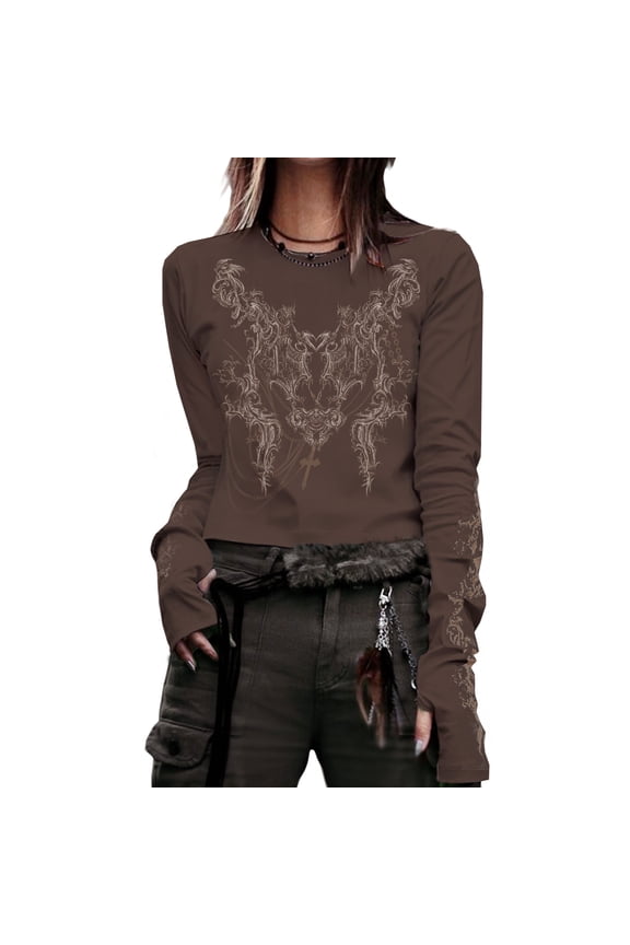 Women Casual T-Shirt, Round Neck Long Sleeve Vintage Totem Pattern Print Bottoming Tops Tee Outwear