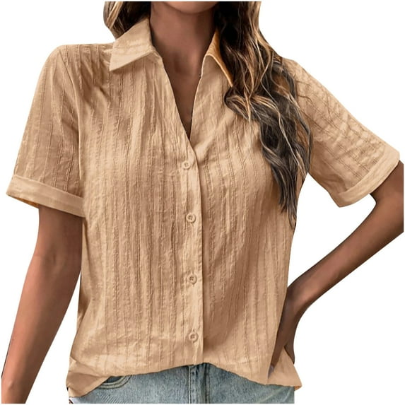 Women Casual T-Shirt Solid Short Sleeve Turndown Collar Buttons Cardigan Blouse Tops