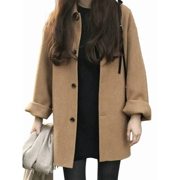 Women Casual Thicken Wool Blend Coat Long Sleeve Button Down Outwear with Pocket Camel Color M