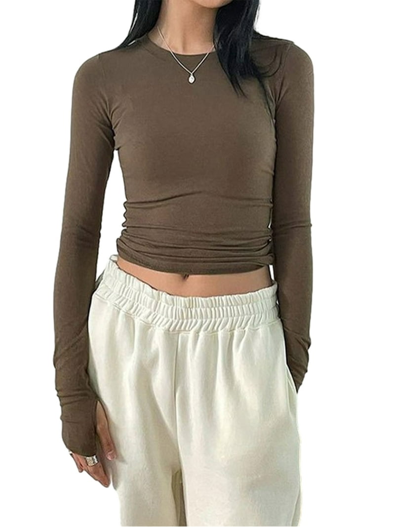 Women Casual Thumb Hole Shirt Trendy Slim Fit Long Sleeve Tops
