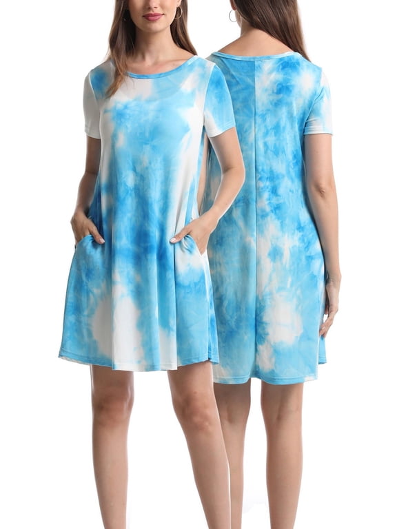 Women Casual Tie Dye Crewneck Short Sleeve Pockets Swing T-Shirt Dress