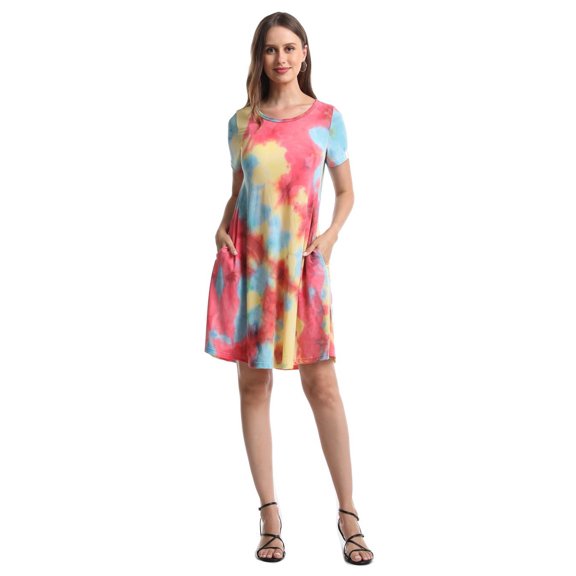 Women Casual Tie Dye Crewneck Short Sleeve Pockets Swing T-Shirt Dress