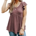 thumbnail image 1 of Women Casual Top Ruffle Short Sleeves V Neck Splicing Loose Hem Ribbed Lady Blouse for Spring Summer Brick Red S, 1 of 6