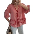 thumbnail image 1 of Women Casual Tops Basic Tie Front Tops Plaid Print 3/4 Sleeve Shirt with Pocket Vacation Clothes for Club Streetwear Peasant Clothes, 1 of 10