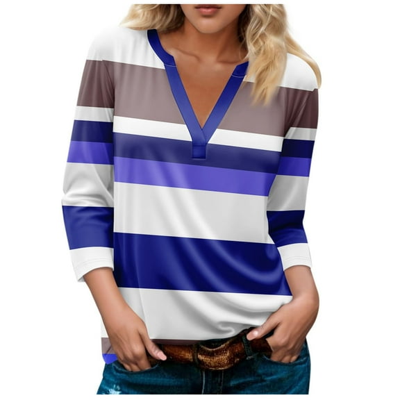Women Casual Tops Fashion Colorblock 3/4 Sleeve T Shirts Summer V Neck Tunic Tshirts Work Tee Shirt