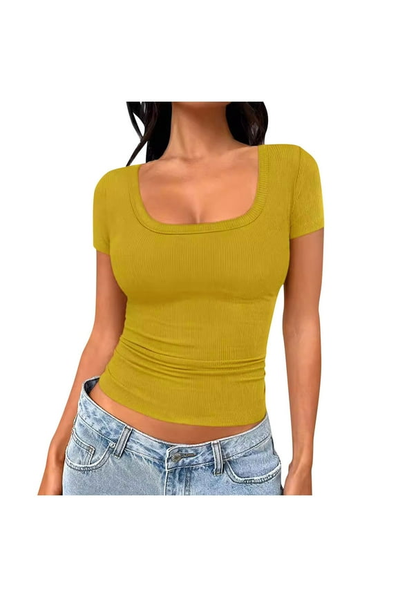 Women's Solid Color U-Neck Short Sleeve Casual Top, Fashion Daily Wear, Versatile for Summer