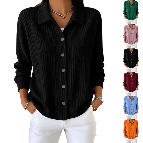Women Casual Tops Women Winter Solid Color Long Sleeve Lapel Corduroy Button Front Top Black XXXL