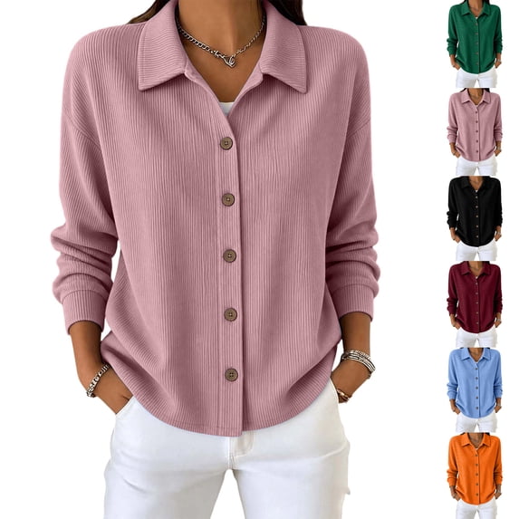 Women Casual Tops Women Winter Solid Color Long Sleeve Lapel Corduroy Button Front Top Pink XL