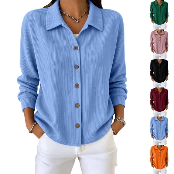 Women Casual Tops Women Winter Solid Color Long Sleeve Lapel Corduroy Button Front Top Sky Blue XXXXL