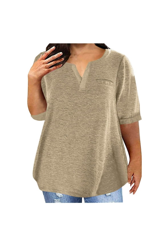 Plus Size Shirts For Women V Neck Loose Fit Summer Tshirts Short Sleeve Solid Color Fashion Blouse Comfy Tunic Tops Khaki XXXXL