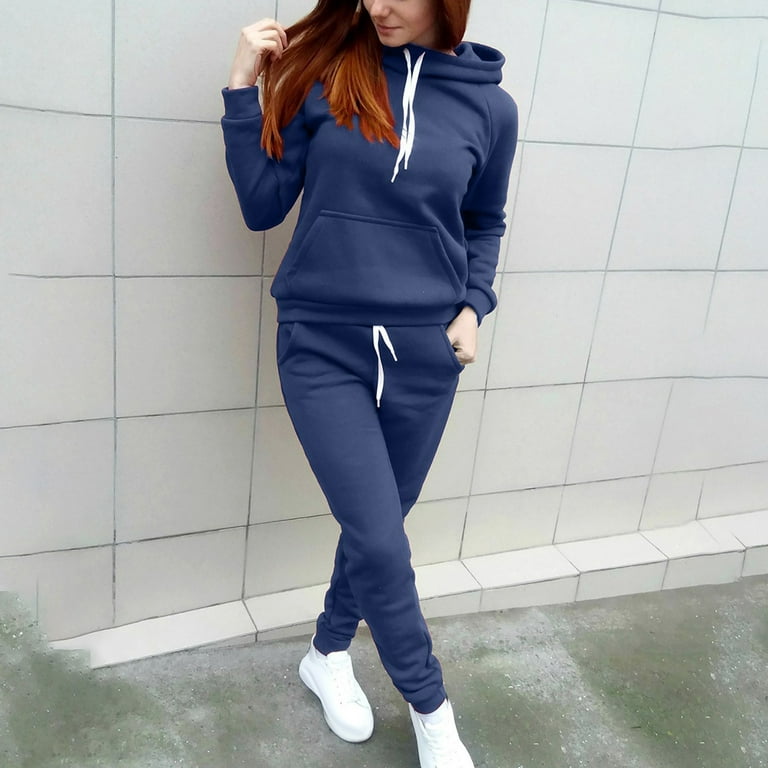 Women Casual Tracksuit 2 Piece,Women 2024 Fall Winter Trendy Solid Color  Drawstring Hooded Sets Loose Fit Long Sleeve Round Neck Lounge Wear Suit