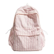 Women Casual Travel Backpack Large Capacity Cute Stripe Daypack with Removable Pendant Lightweight Nylon Rucksack Pink
