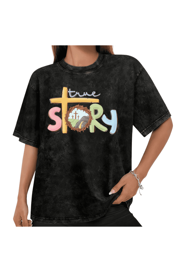Women Casual True Story Easter Graphic Tees Cotton Crew Neck Printed T Shirt Tops Washed T Shirt Black S-2XL Plus Size