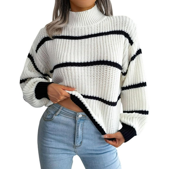 Women Casual Turtleneck Striped Sweater Long Lantern Sleeve Mock Neck Tunic Jumper Top Fall Winter Knit Pullover