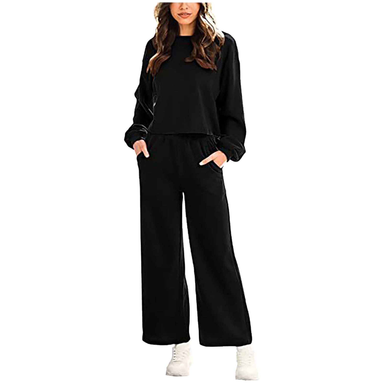 Women Casual Two Piece Outfits Long Sleeves Crewneck Pullover Tops Loose  Fit Wide Leg Pants Lounge Sets Soft Comfy Loungewear Sets