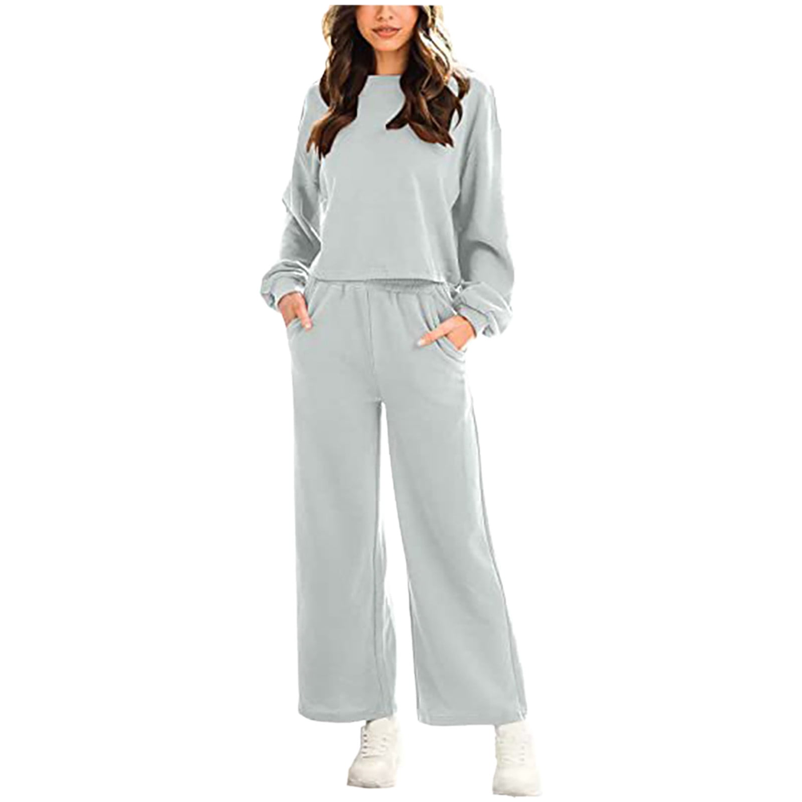  lcepcy  clearance items outlet 90 percent off Linen Set  for Women Crewneck Long Sleeve Cut out Tops and Elastic Waist Pants Loose  Comfy Lounge Outfits : Sports & Outdoors