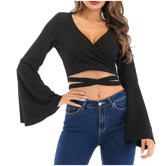 Women Casual V Neck Bell Sleeve Blouse Shirt 70s Party Tunic Top Fashion Criss Coss Hem Trumpet Flare Sleeve Crop Top