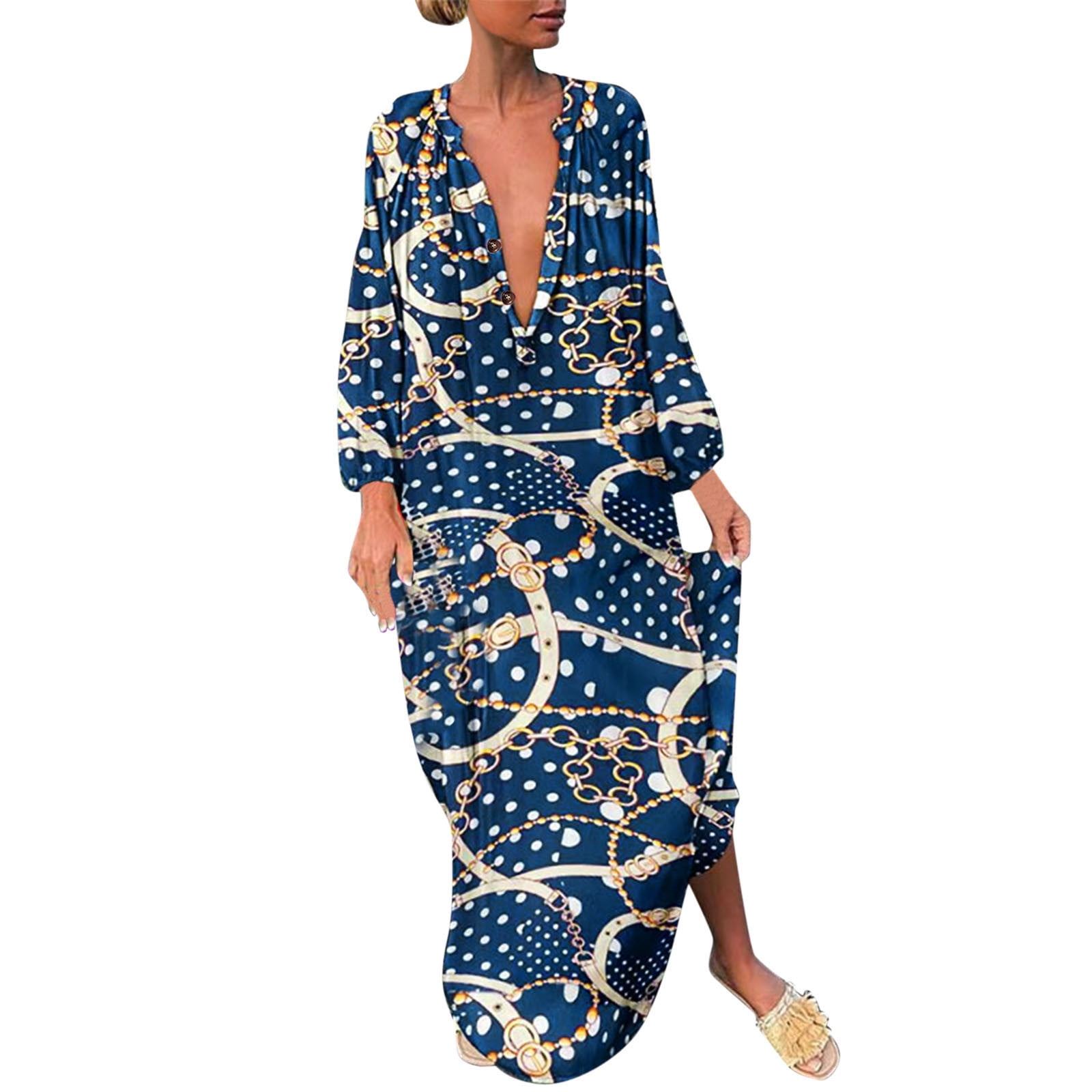 Women Casual V Neck Button Printing Dresses Long Sleeves Midi Dress