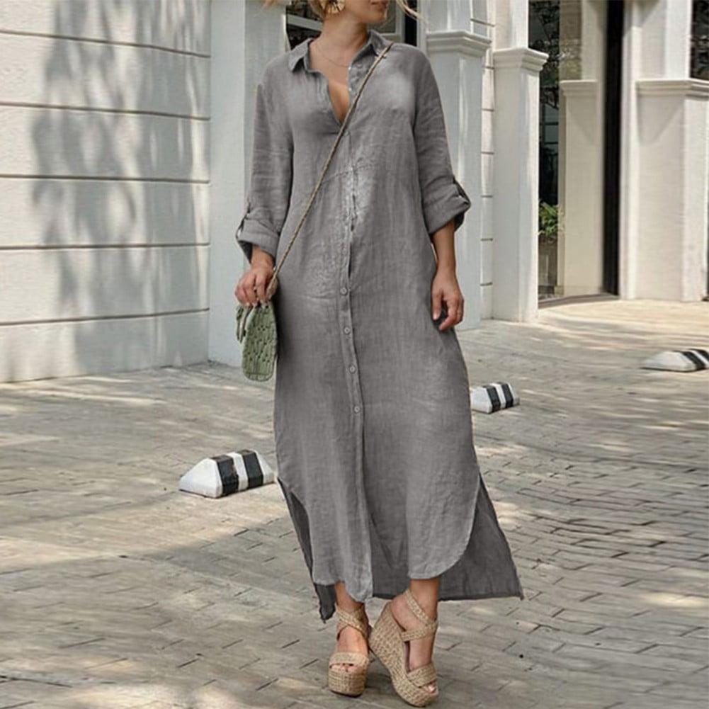Women Casual V Neck Cotton Linen Shirt Maxi Dress Loose Kaftan Long Dress