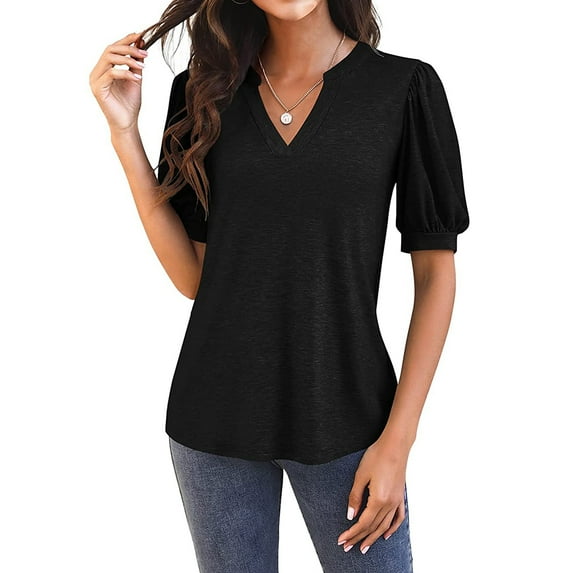 Women Casual V Neck Loose Puff Short-Sleeve T-Shirts Black L