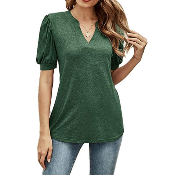 Women Casual V Neck Loose Puff Short-Sleeve T-Shirts Blackish Green S