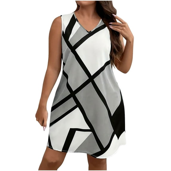 Women Casual V Neck Shift Dresses Summer Trendy Plus Size Color Block Sleeveless Dress A Line Mini Dresses