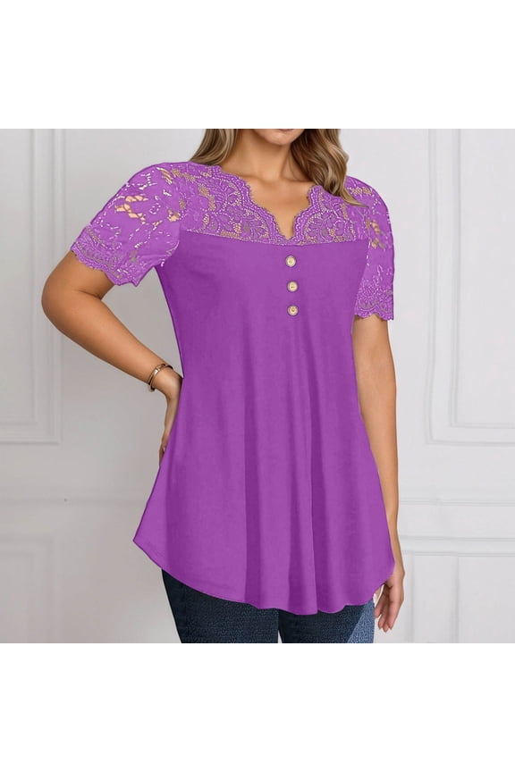 Women Casual V Neck Short Sleeve Blouse Lace Trimmed Flowy Summer T Shirt Comfort Top for Spring Everyday Wear