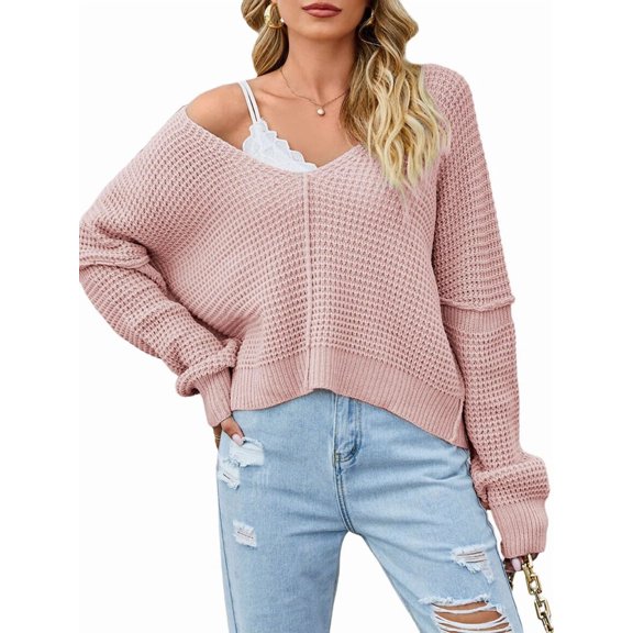 Women Casual V Neck Solid Color Long Sleeve Off Shoulder Loose Crop Pullover Sweater Tops Pink M