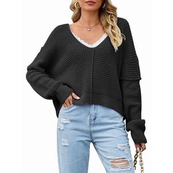 Women Casual V Neck Solid Color Long Sleeve Off Shoulder Loose Crop Pullover Sweater Tops