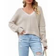 thumbnail image 1 of Women Casual V Neck Solid Color Long Sleeve Off Shoulder Loose Crop Pullover Sweater Tops, 1 of 8