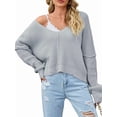 thumbnail image 1 of Women Casual V Neck Solid Color Long Sleeve Off Shoulder Loose Crop Pullover Sweater Tops, 1 of 9