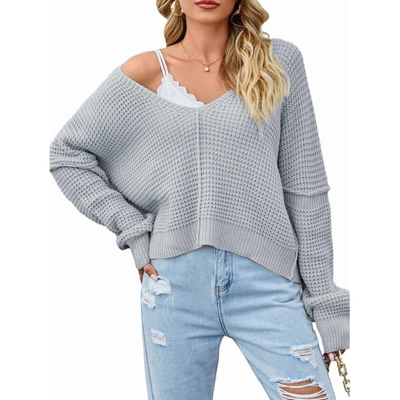 Women Casual V Neck Solid Color Long Sleeve Off Shoulder Loose Crop Pullover Sweater Tops