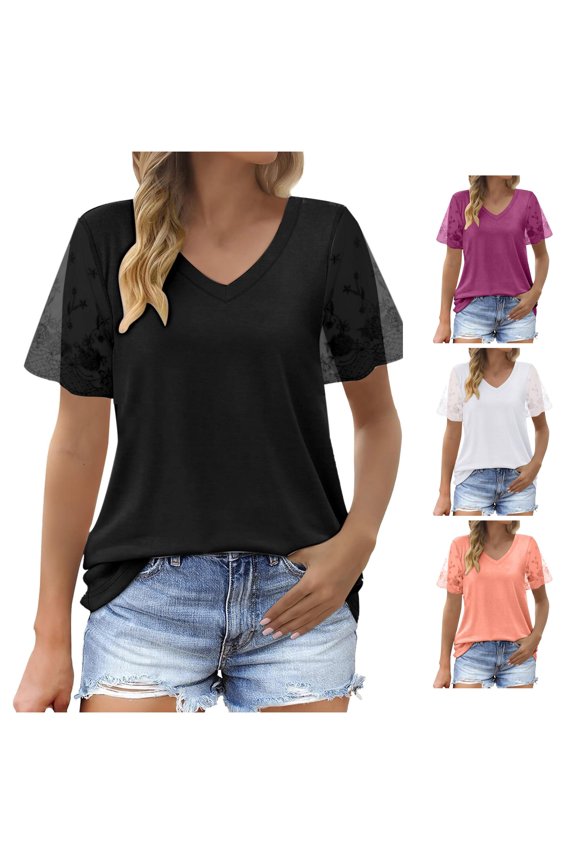 Women Casual V Neck T Shirt Lace Short Sleeve Curved Top Loose Fit Cute Summer Tops T Shirt Women Short Sleeve Women Tees and Tops Violet Shirt Technical Shirts Women Shirts for Women Casual