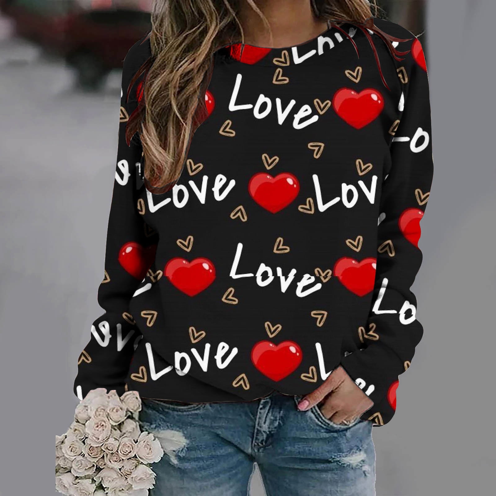 Valentine's Day Shirts for Women Valentine'S Day Women'S Casual Printed  Thin Sweater Long Sleeve Round Neck Shirt/Shirt Pink Xl A1752 