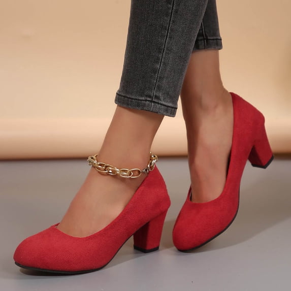 Women Casual Velvet Mary Jane Shoes Thick Heel Round Toe Stylish Mid Heeled Flats for Elegant Daily Wear Red
