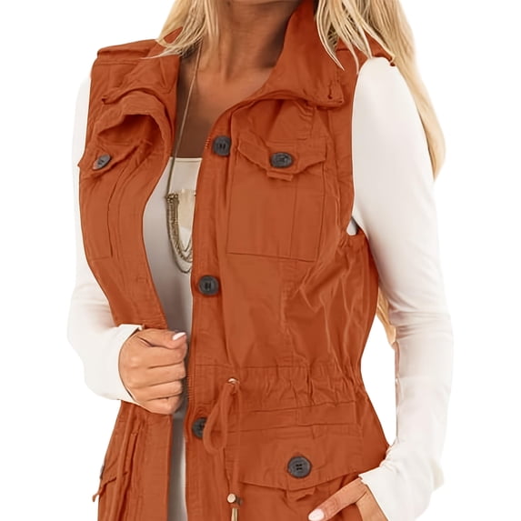 Women Casual Vest Jacket Sleeveless Drawstring Jacket with Pockets