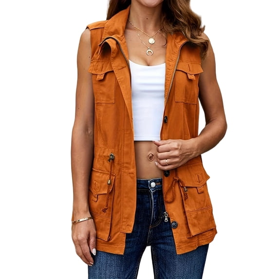 Women Casual Vest Jacket Sleeveless Drawstring Jacket with Pockets
