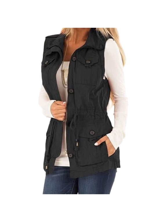 Women Casual Vest Jacket Sleeveless Drawstring Jacket with Pockets