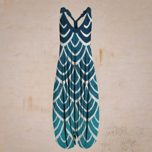 Women Casual Vintage Print Backless V-Neck Sleeveless Playsuit Jumpsuit