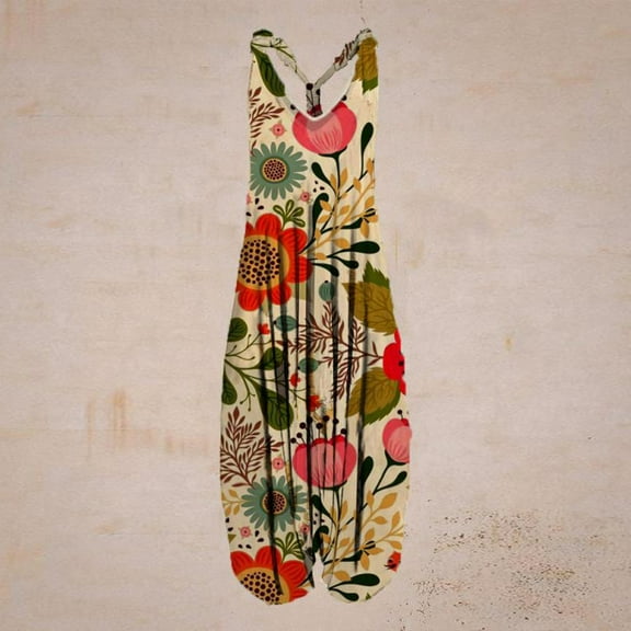 Women Casual Vintage Print Backless V-Neck Sleeveless Playsuit Jumpsuit