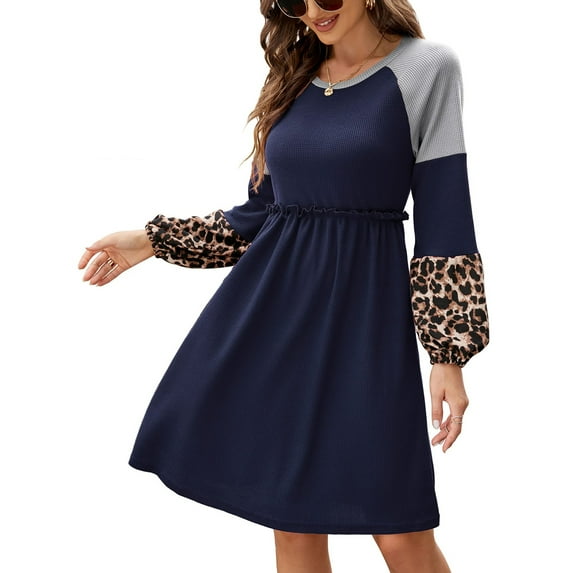 Women Casual Waffle Knit Dresses Leopard Color Block Party Dress Loose Long Sleeve Dresses
