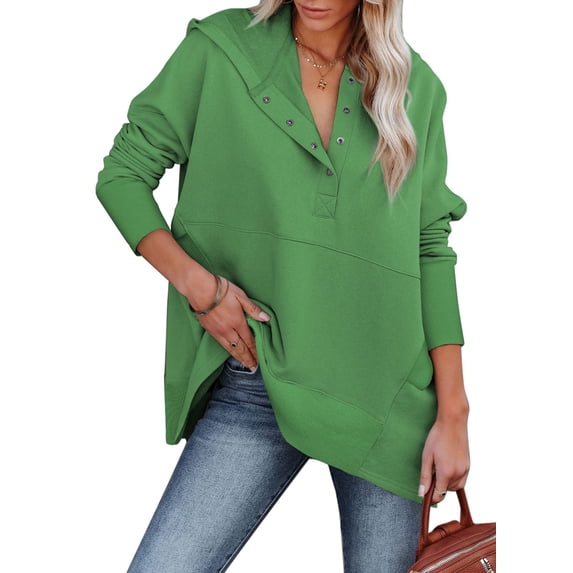 Women Casual Waffle Knit V Neck Long Sleeve Hooded Sweatshirt Pullover Button Up Hooded Tops